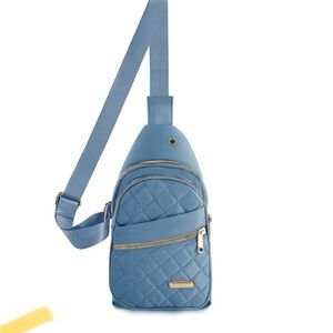 Stylish Blue Quilted Sling Bag.
Colors sky blue, black and green